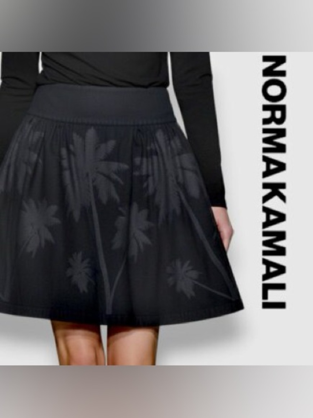 Norma Kamali Cotton Poplin Palm Tree Print Circle Skirt Black Grey 12 Minimalist